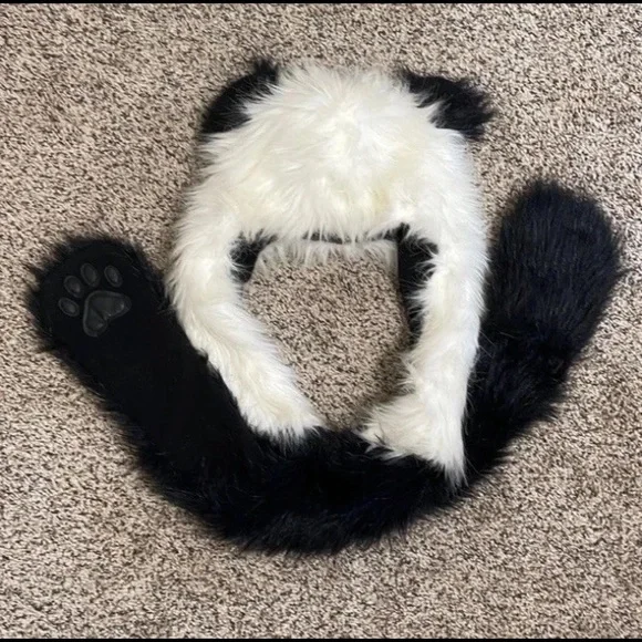 Fuzzy Panda Ears Hooded Scarf Hat w/ Hand Pockets, Fun Festival Fashion Cosplay - Picture 1 of 5